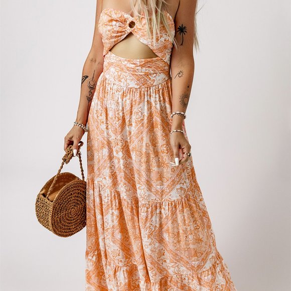 Dresses & Skirts - Orange O-ring Cut out Floral Print Strapless Maxi Dress